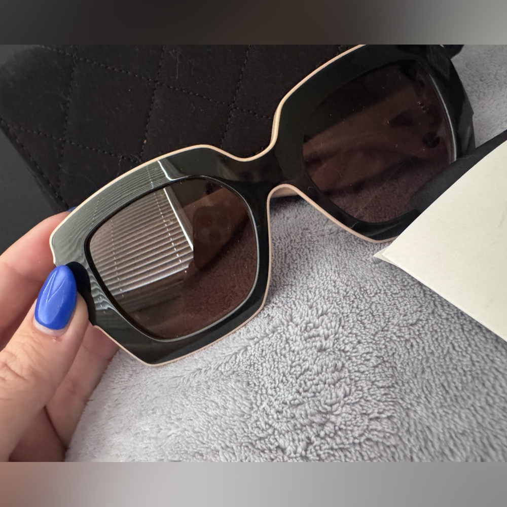 CHANEL Acetate Square Sunglasses 6059 in black and beige.